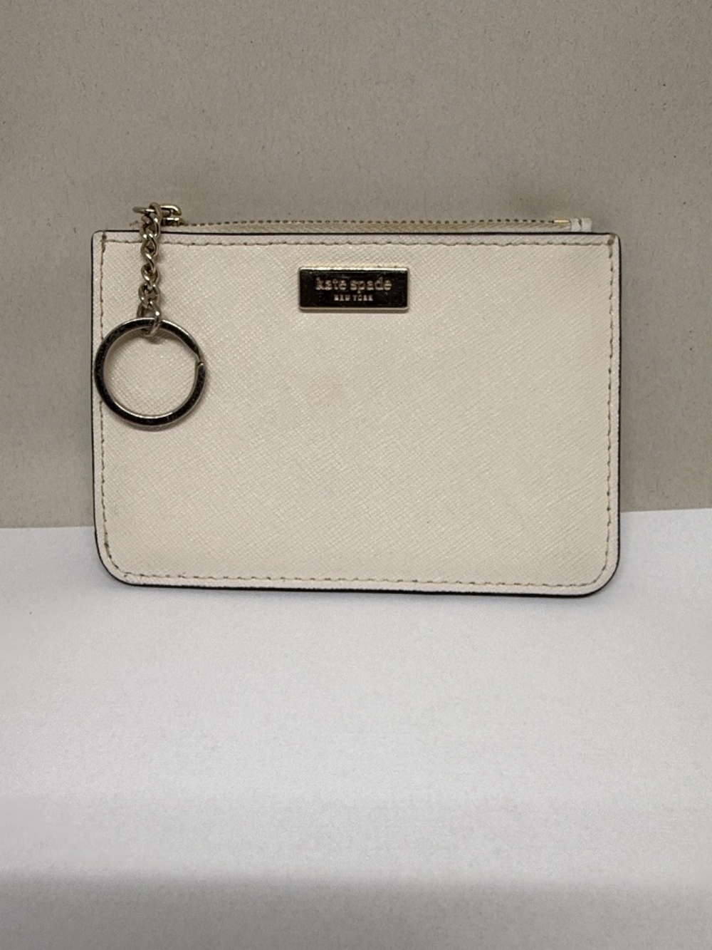 Kate Spade Cream Leather Saffiano Zip Card Pouch w/ Key Ring